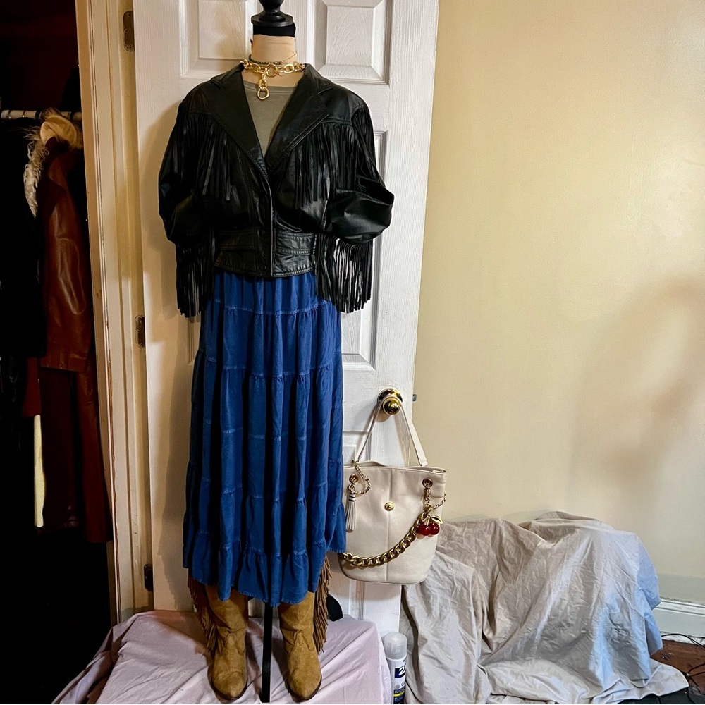 Women’s Y2K Bohemian Cafe Chambray Tiered‎ Ruffle Prairie Peasant Midi Skirt M